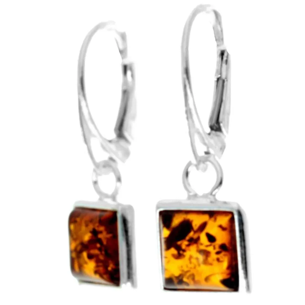 925 Sterling Silver & Genuine Baltic Amber Classic Square Dangling Earrings - 8332