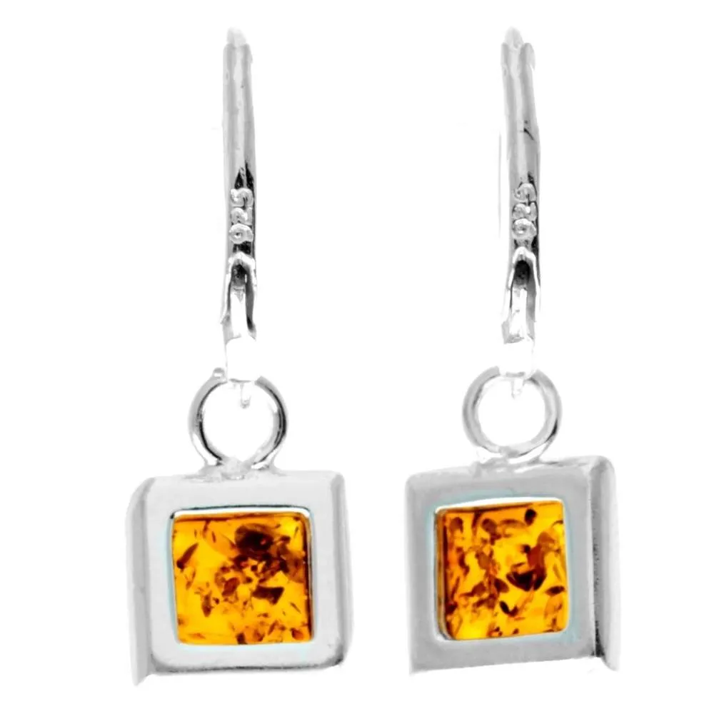 925 Sterling Silver & Genuine Baltic Amber Classic Square Dangling Earrings - 8332