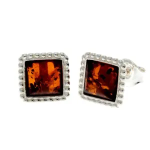 925 Sterling Silver & Genuine Baltic Amber Classic Square Studs Earrings - AA028