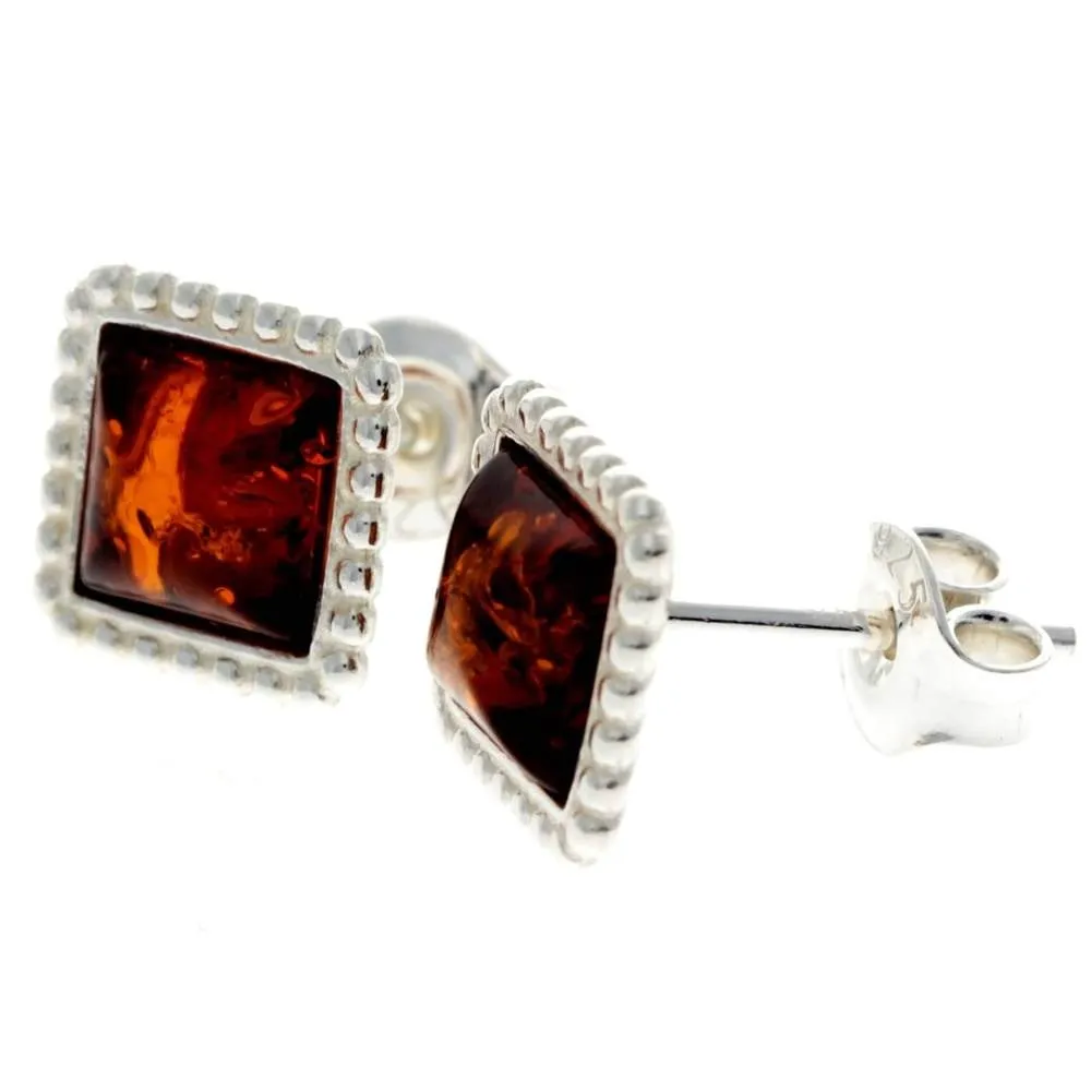 925 Sterling Silver & Genuine Baltic Amber Classic Square Studs Earrings - AA028