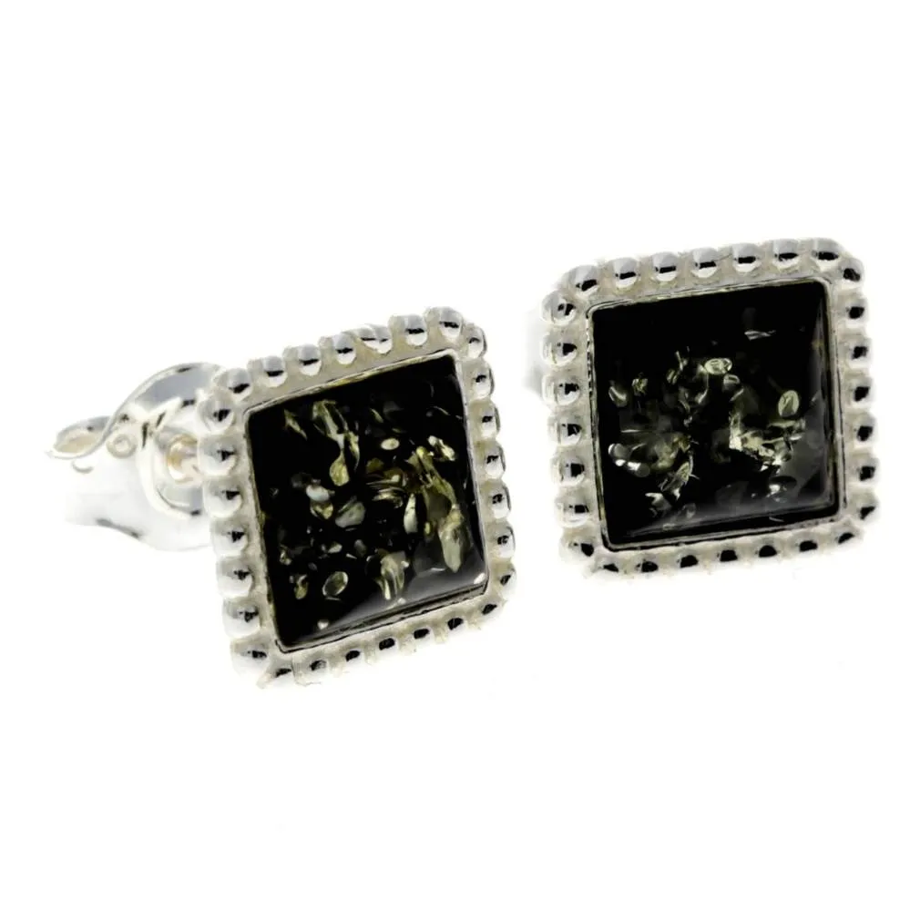 925 Sterling Silver & Genuine Baltic Amber Classic Square Studs Earrings - AA028