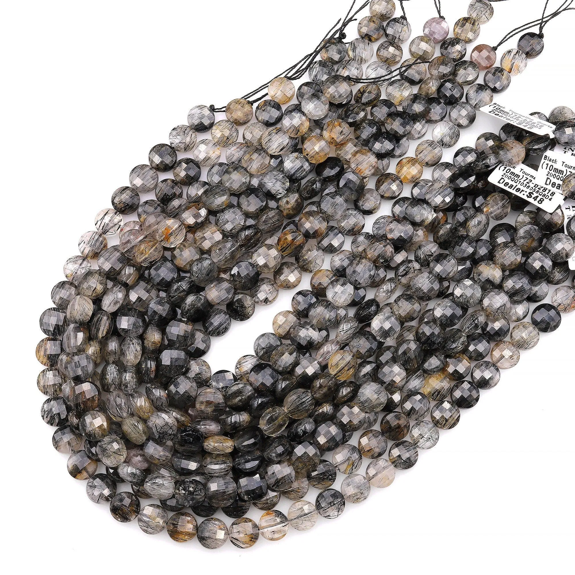 AAA Faceted Natural Black Tourmaline Rutilated Rutile Quartz Coin Beads 10mm Gemstone 15.5" Strand