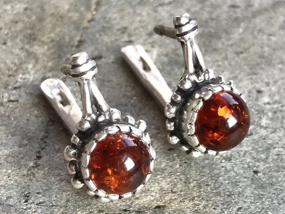 Amber Silver Earrings - Natural Amber Earrings - Vintage Flower Earrings