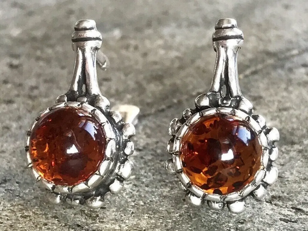 Amber Silver Earrings - Natural Amber Earrings - Vintage Flower Earrings