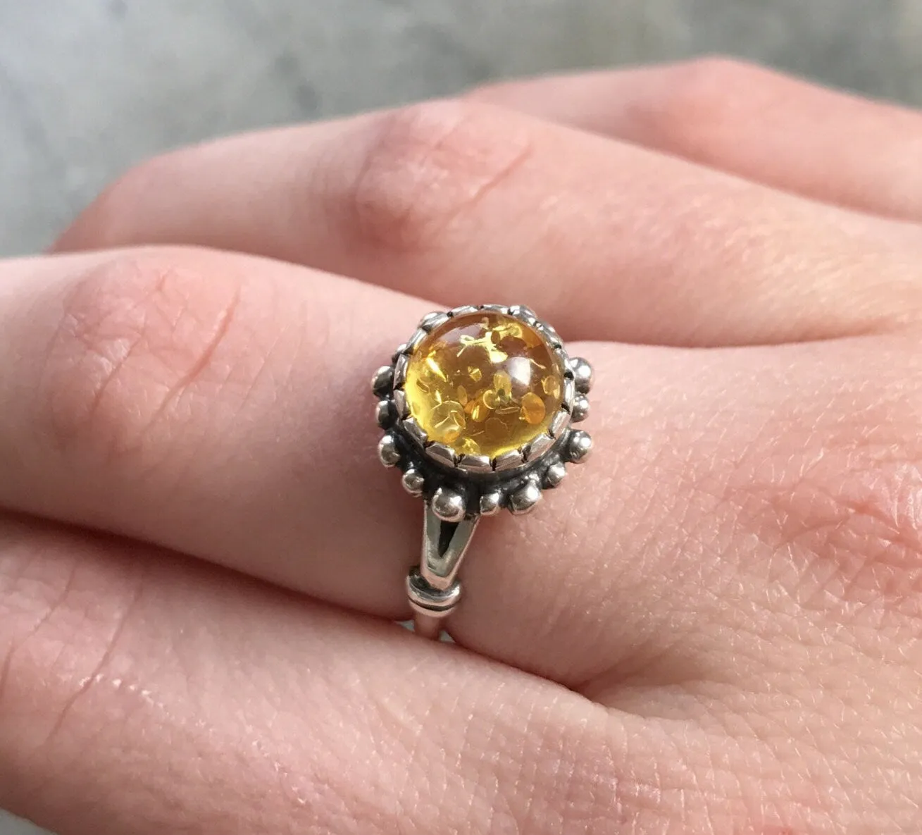 Amber Silver Ring - Flower Amber Ring - Yellow Gem Ring