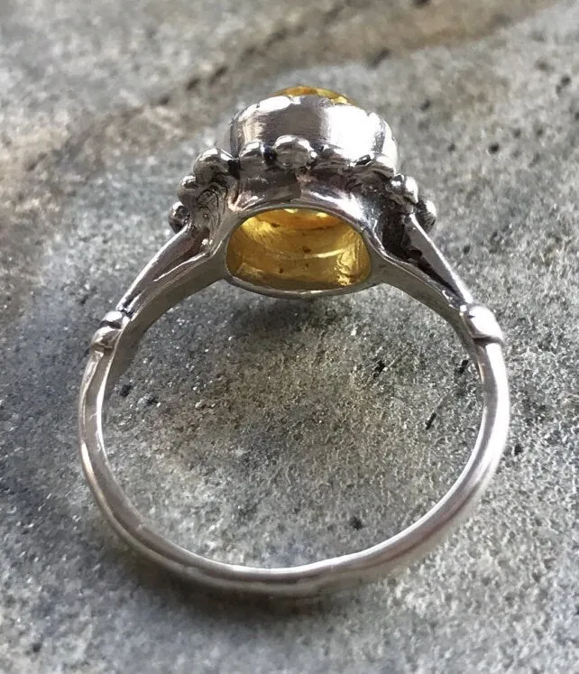 Amber Silver Ring - Flower Amber Ring - Yellow Gem Ring