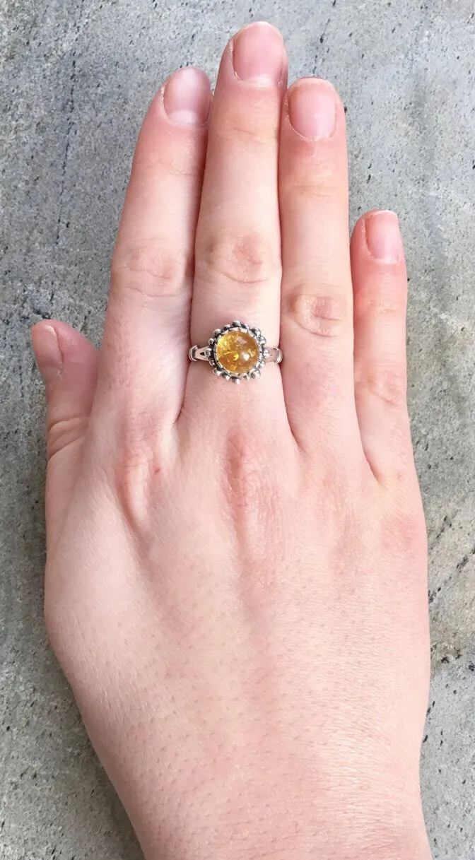 Amber Silver Ring - Flower Amber Ring - Yellow Gem Ring