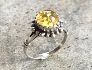 Amber Silver Ring - Flower Amber Ring - Yellow Gem Ring