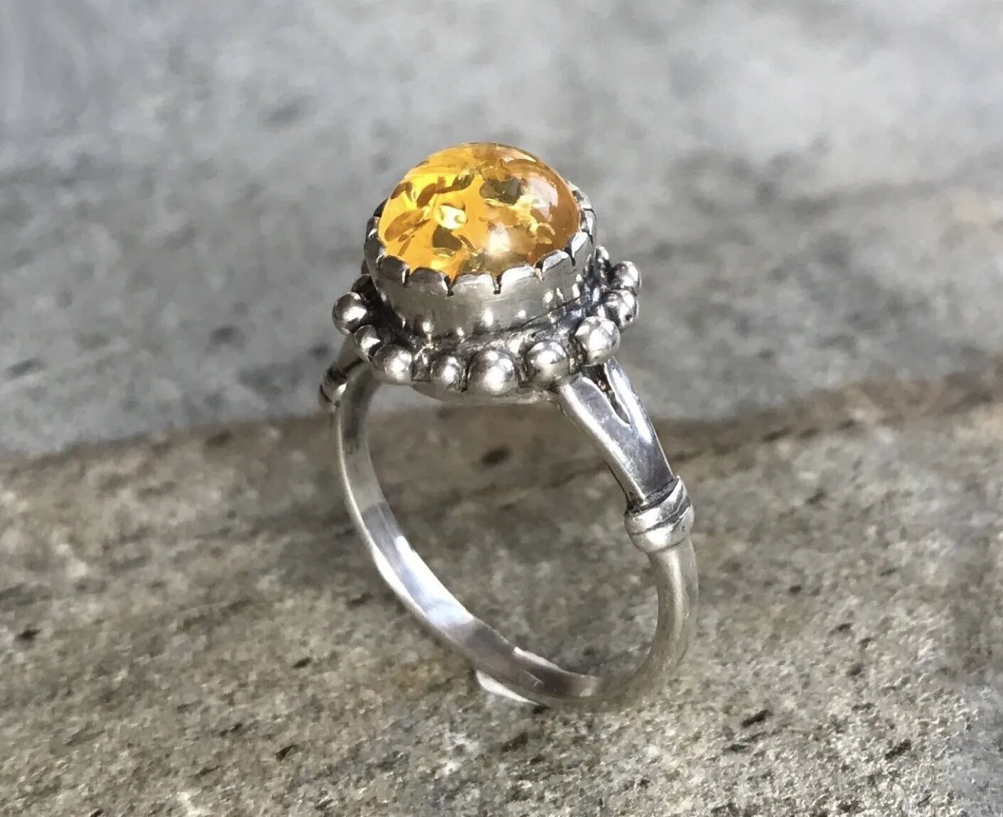 Amber Silver Ring - Flower Amber Ring - Yellow Gem Ring