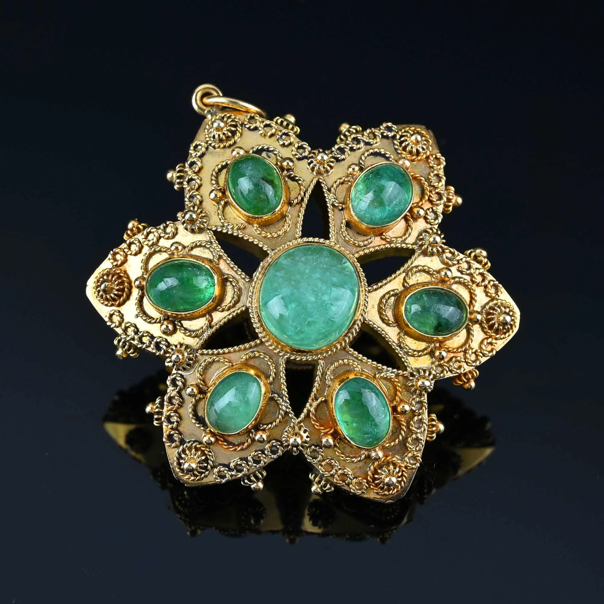 Antique Emerald Star 18K Gold Etruscan Pendant