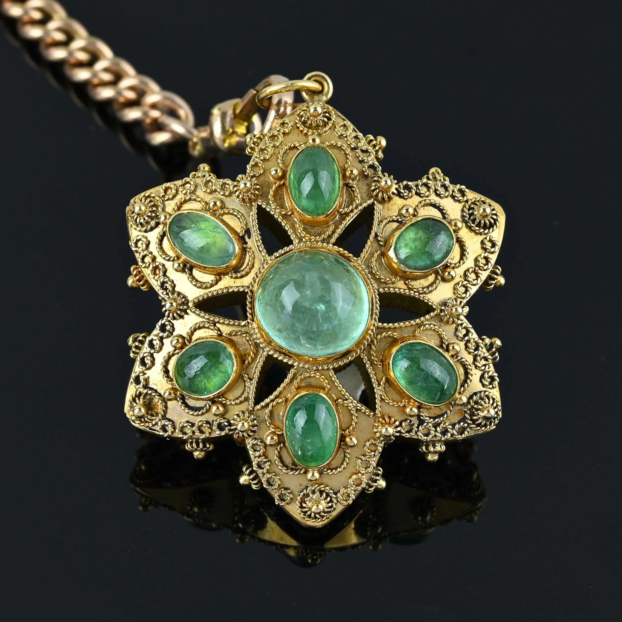 Antique Emerald Star 18K Gold Etruscan Pendant