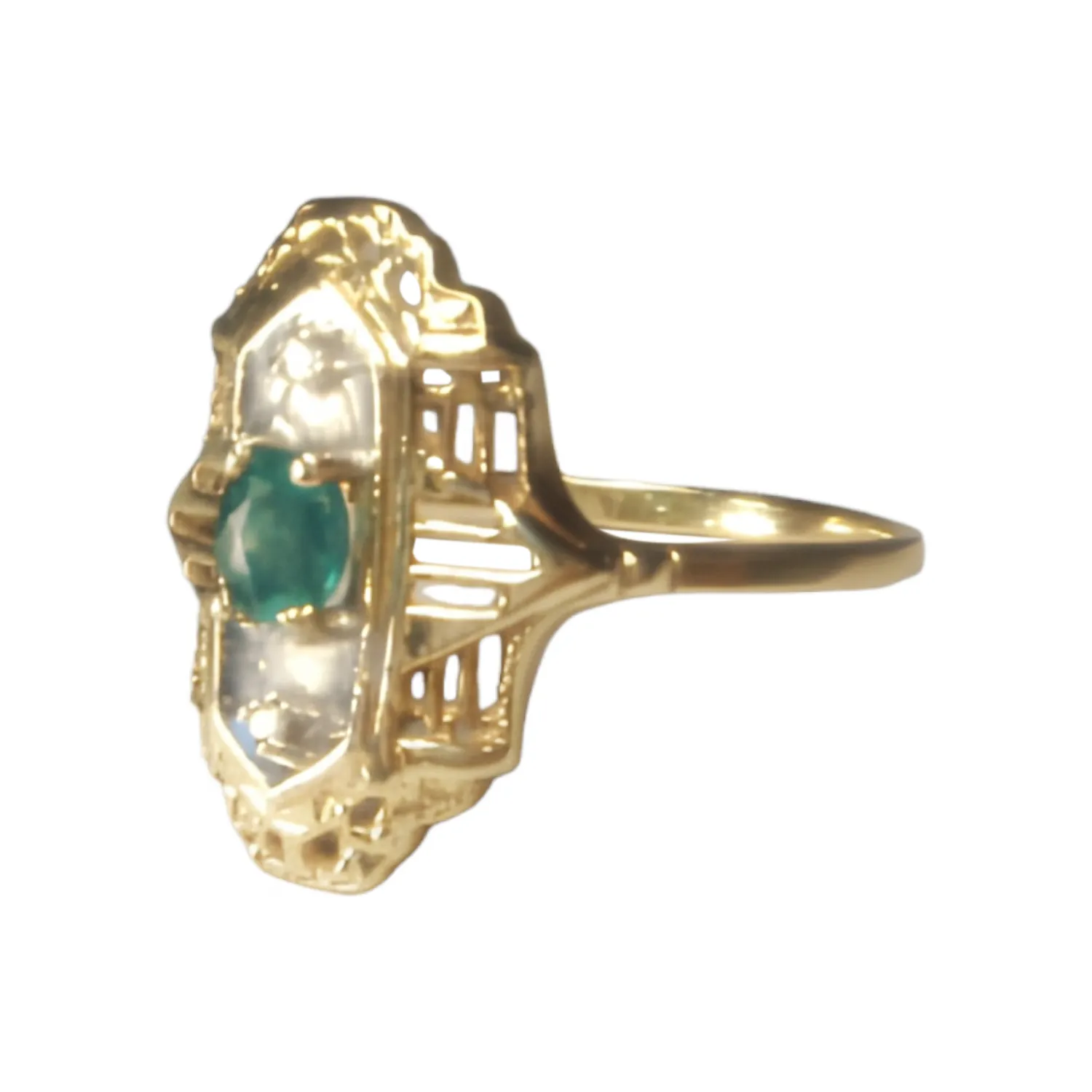 Antique Estate 14K Yellow Gold Emerald Diamond Filigree Ring