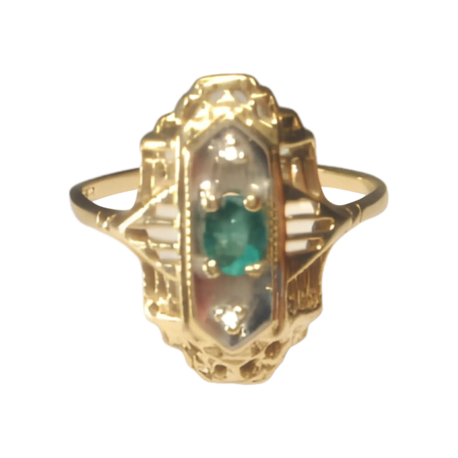 Antique Estate 14K Yellow Gold Emerald Diamond Filigree Ring