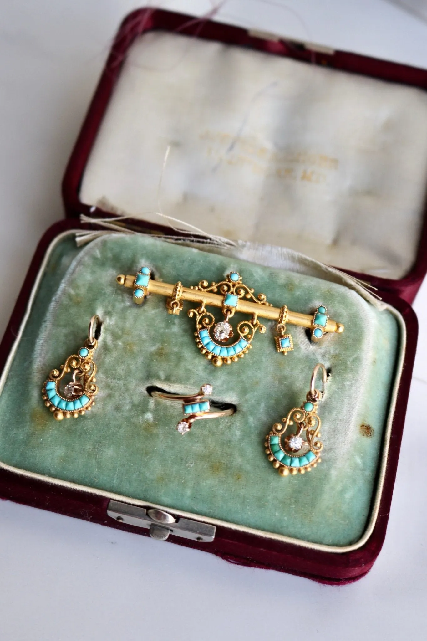 Antique Etruscan Revival Diamond and Turquoise Yellow Gold Demi Parure Set