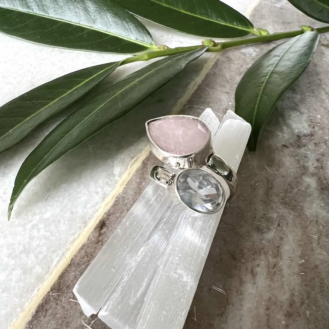 Balance Silver Ring with Rose Quartz & White Zircon Gemstones (Adjustable)