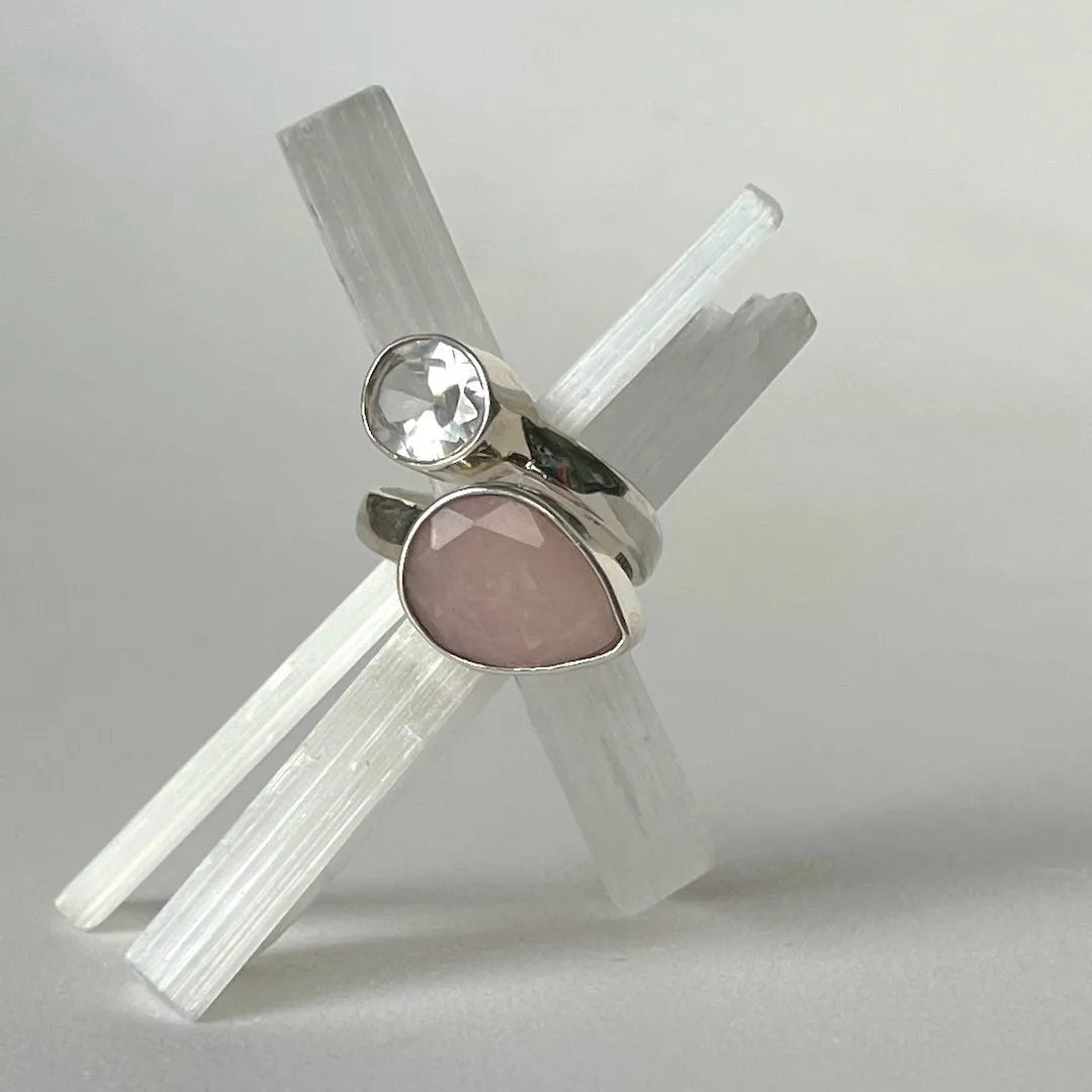 Balance Silver Ring with Rose Quartz & White Zircon Gemstones (Adjustable)