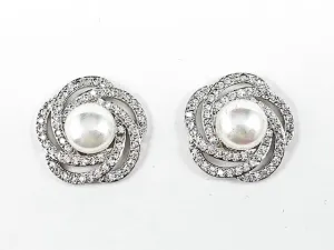 Beautiful Swirl CZ Frame With Center Pearl Brass Stud Earrings