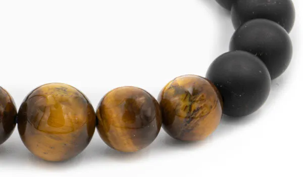 Black Matte Tourmaline and Brown Tiger Eye Gloss Natural Gemstone Bracelet