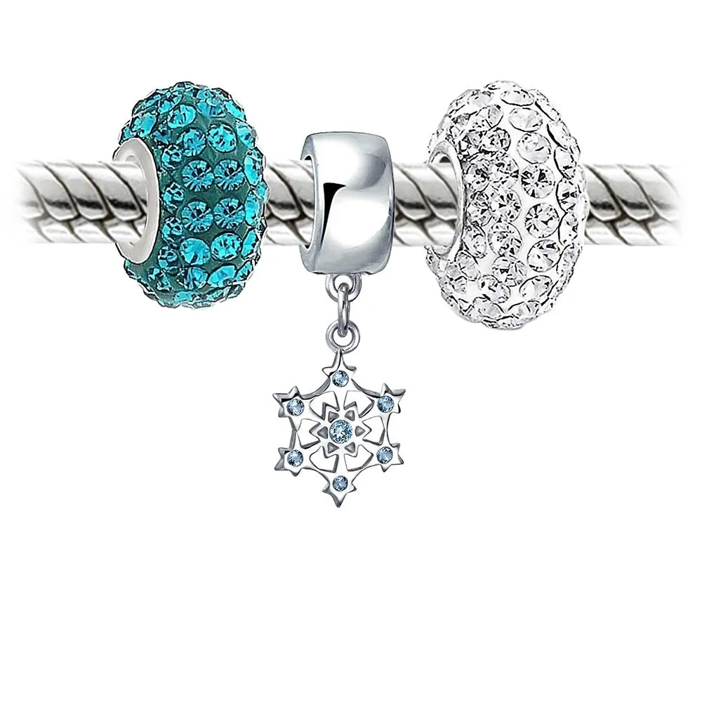 Blue White Crystal Christmas Charm Bead Snowflake Sterling Silver for Bracelets