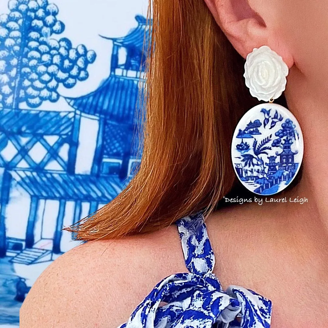 Blue Willow Pearl Rose Cameo Earrings