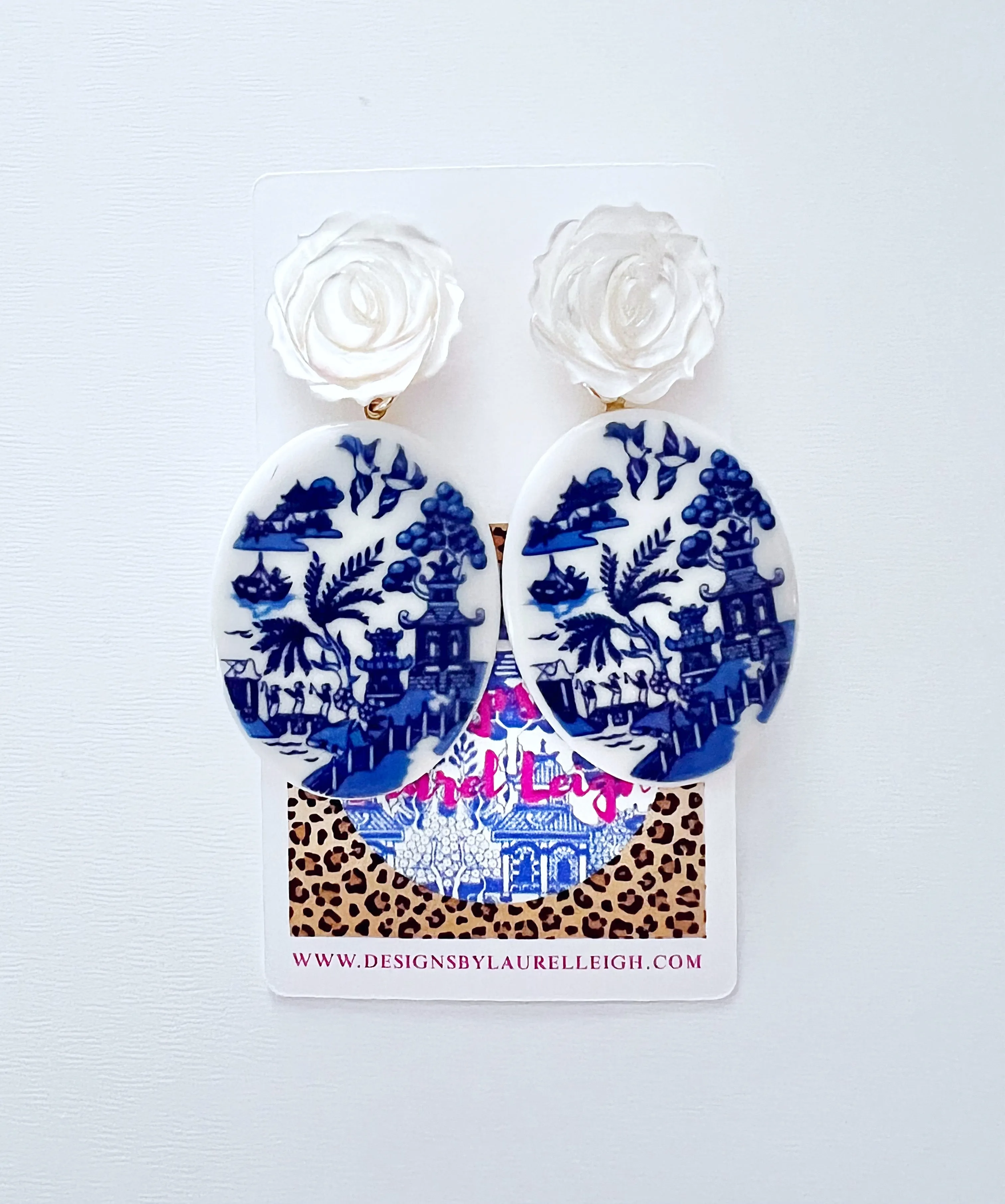 Blue Willow Pearl Rose Cameo Earrings