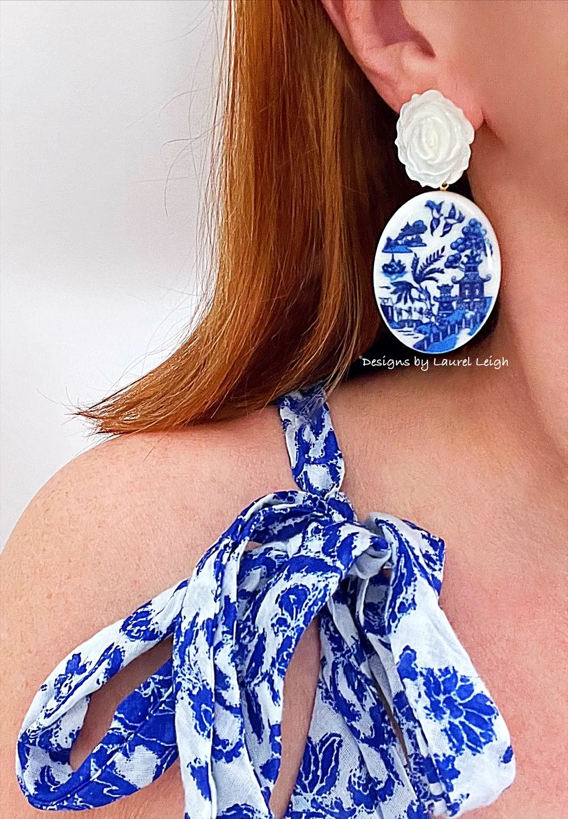 Blue Willow Pearl Rose Cameo Earrings