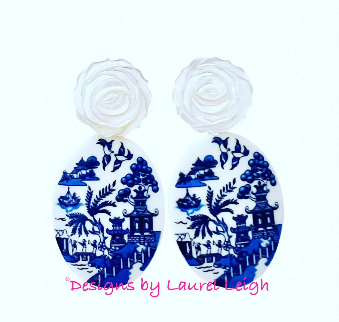 Blue Willow Pearl Rose Cameo Earrings