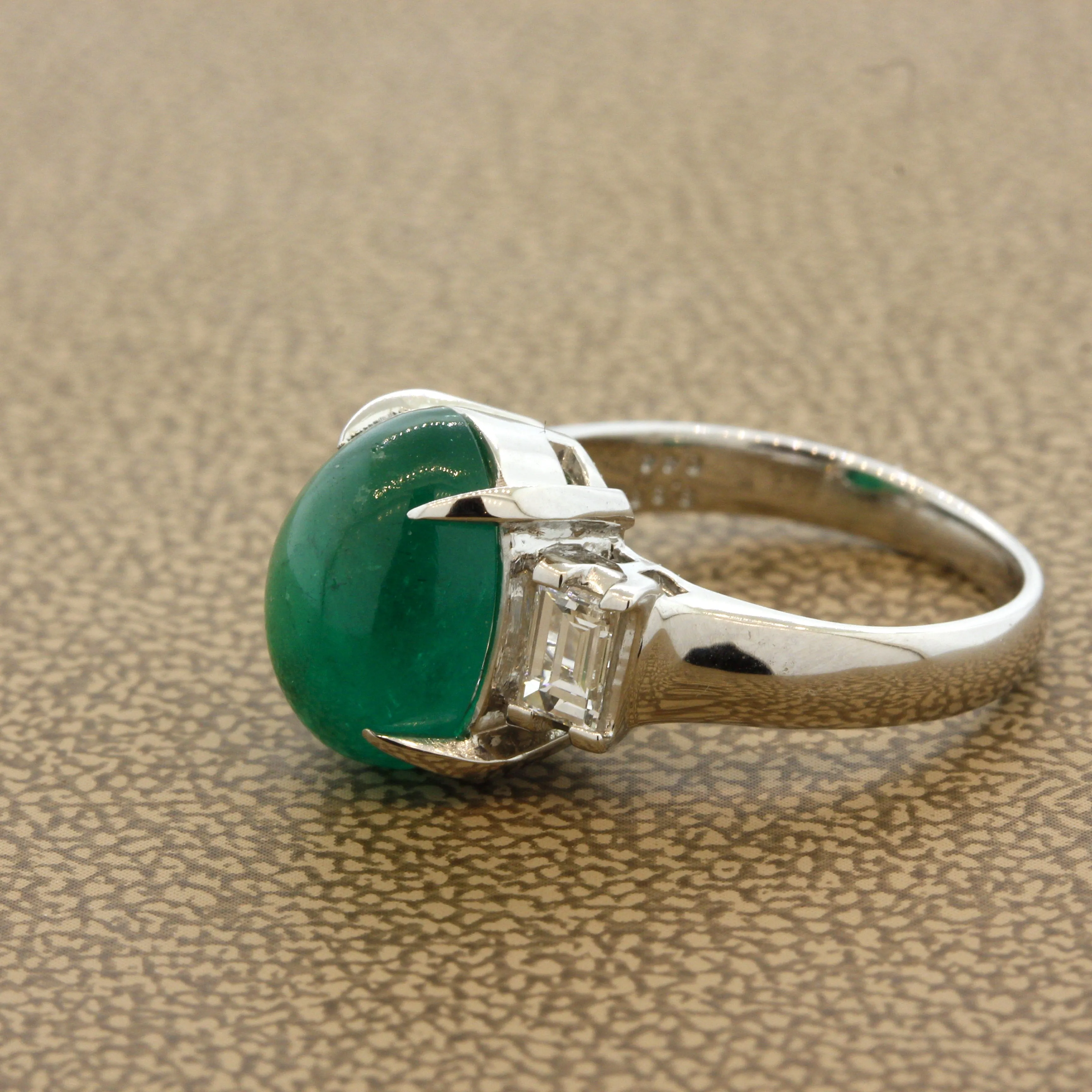 Cabochon Emerald Diamond 3-Stone Platinum Ring