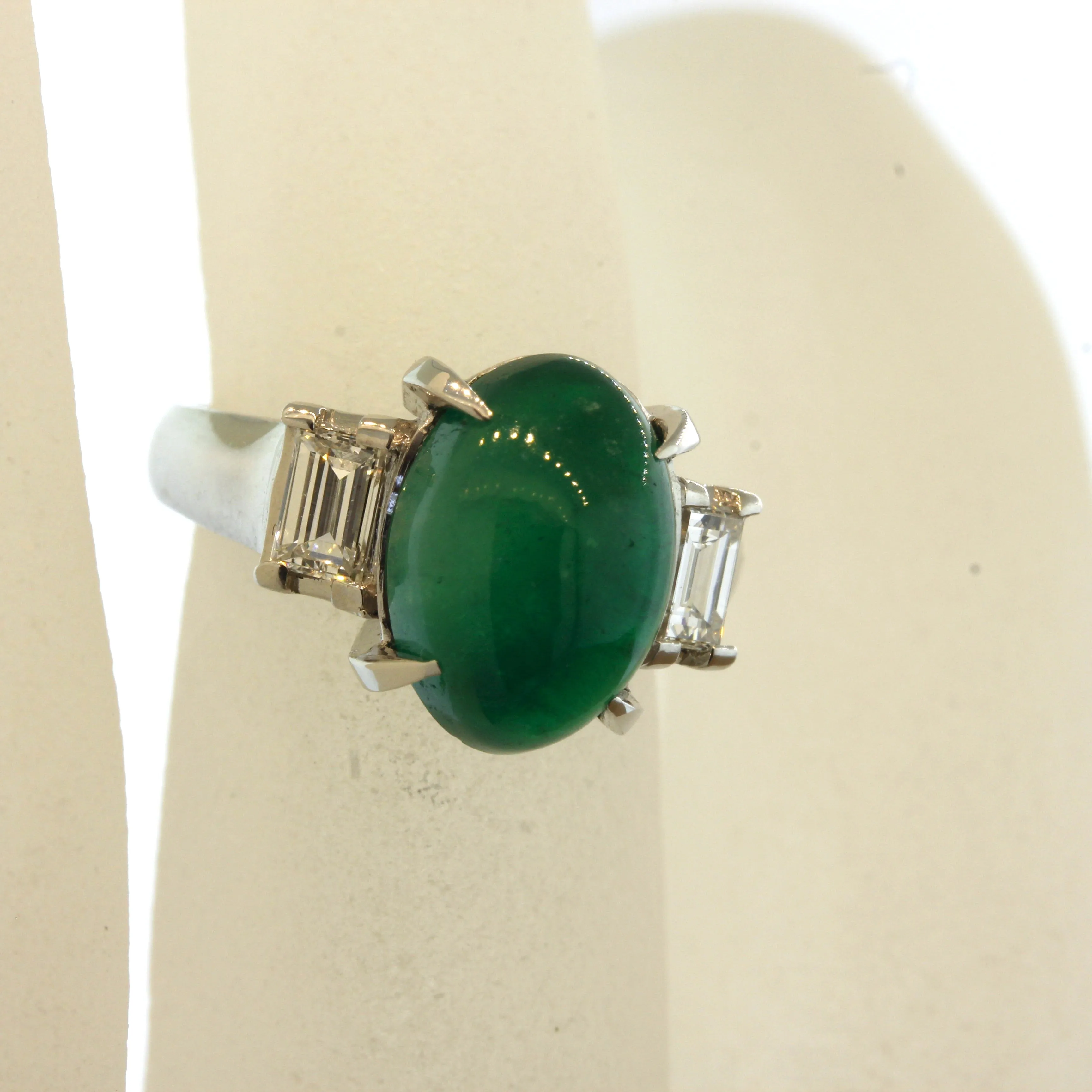 Cabochon Emerald Diamond 3-Stone Platinum Ring