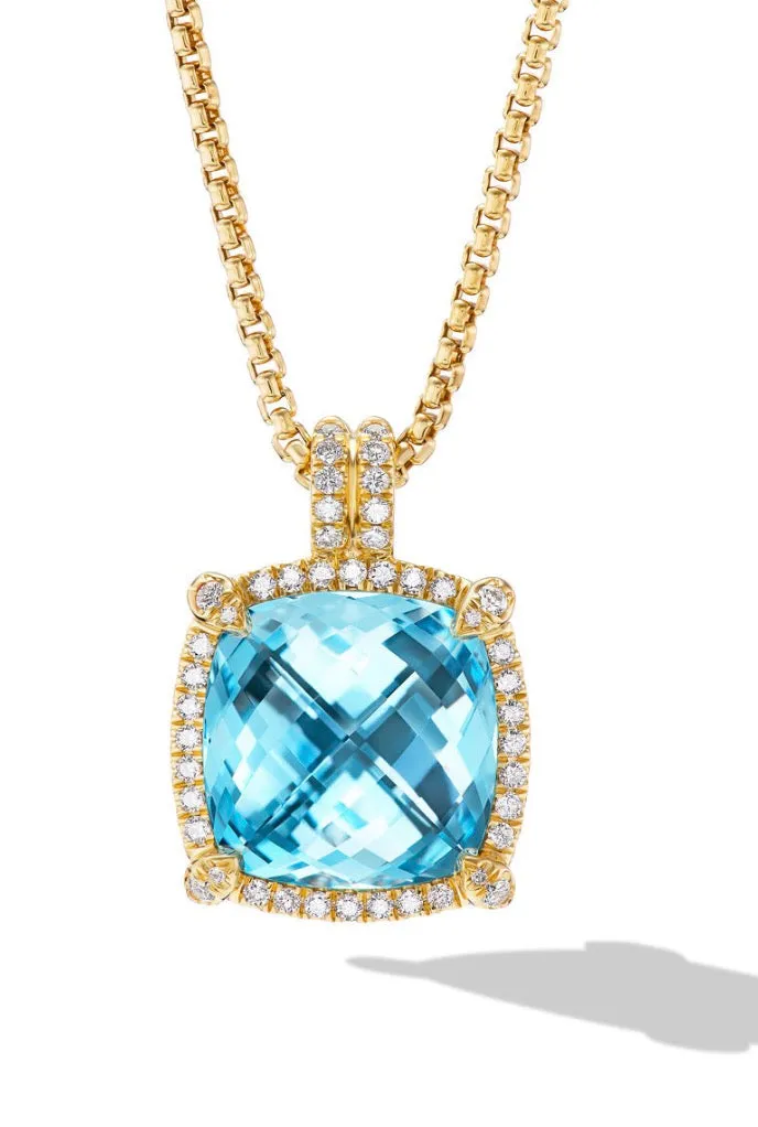 Chatelaine® Pavé Bezel Pendant Necklace in 18K Yellow Gold with Blue Topaz and Diamonds, 14mm