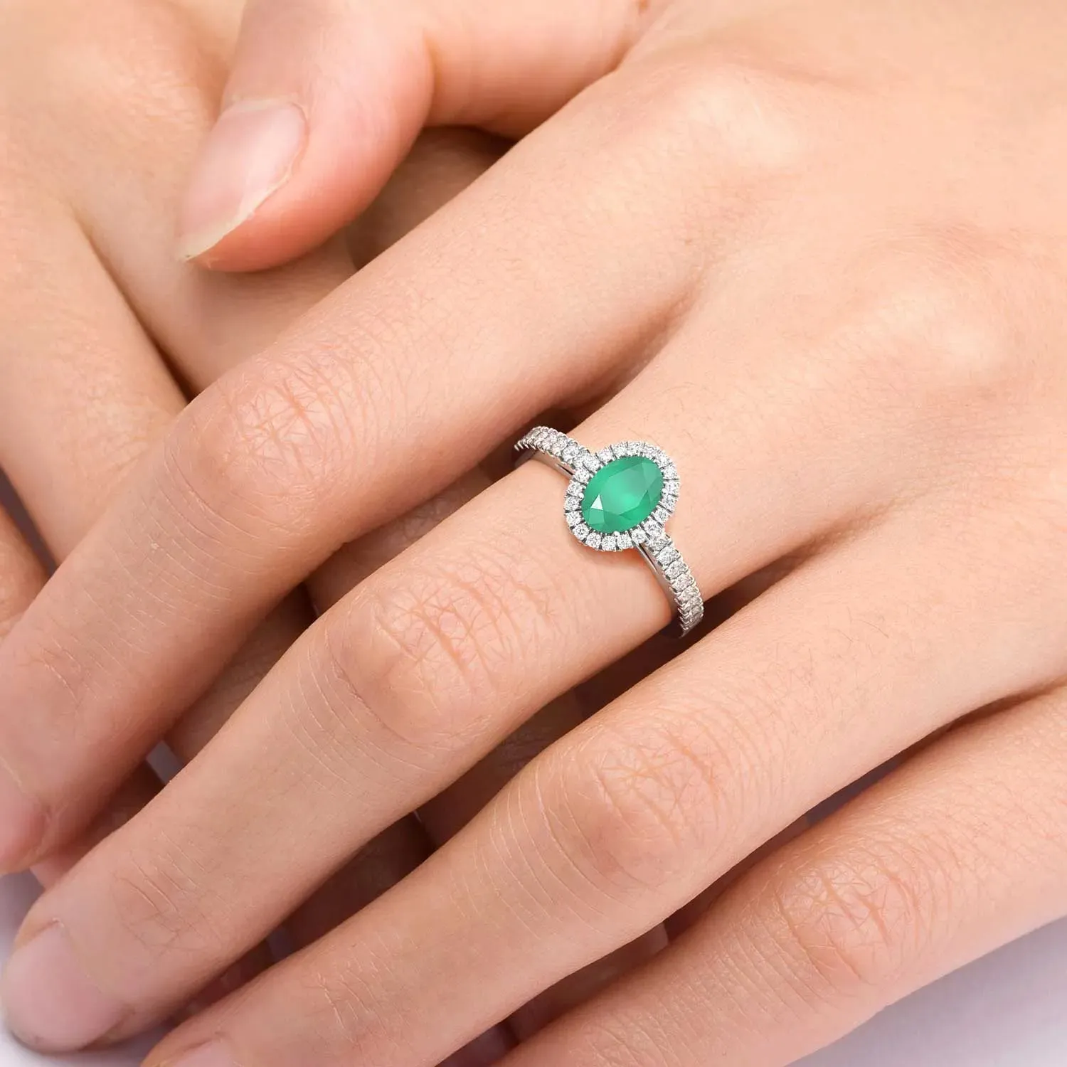 Classic Oval Emerald Halo Ring in Sterling Silver