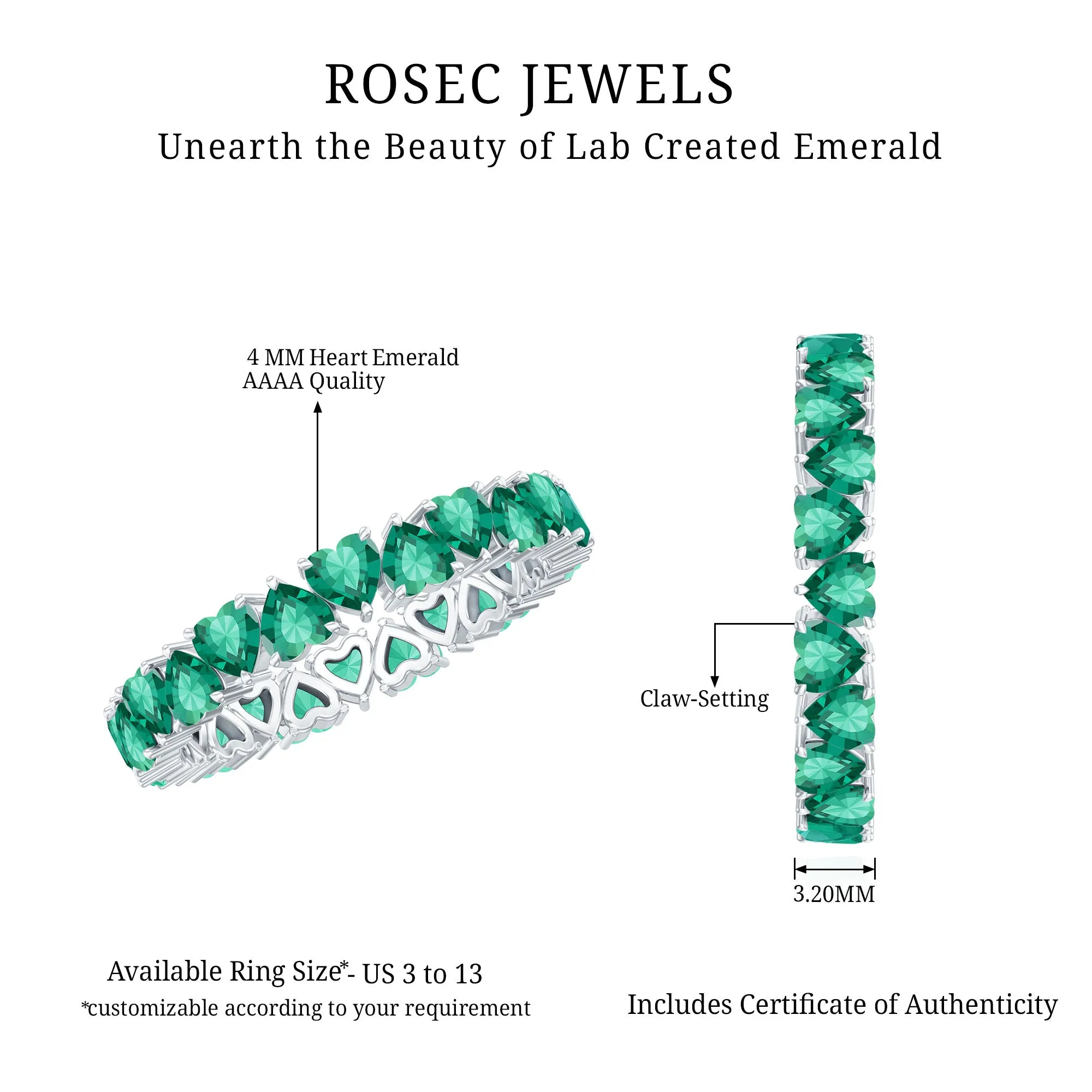 Claw Set Lab-Created Emerald Heart Eternity Band Ring in Gold