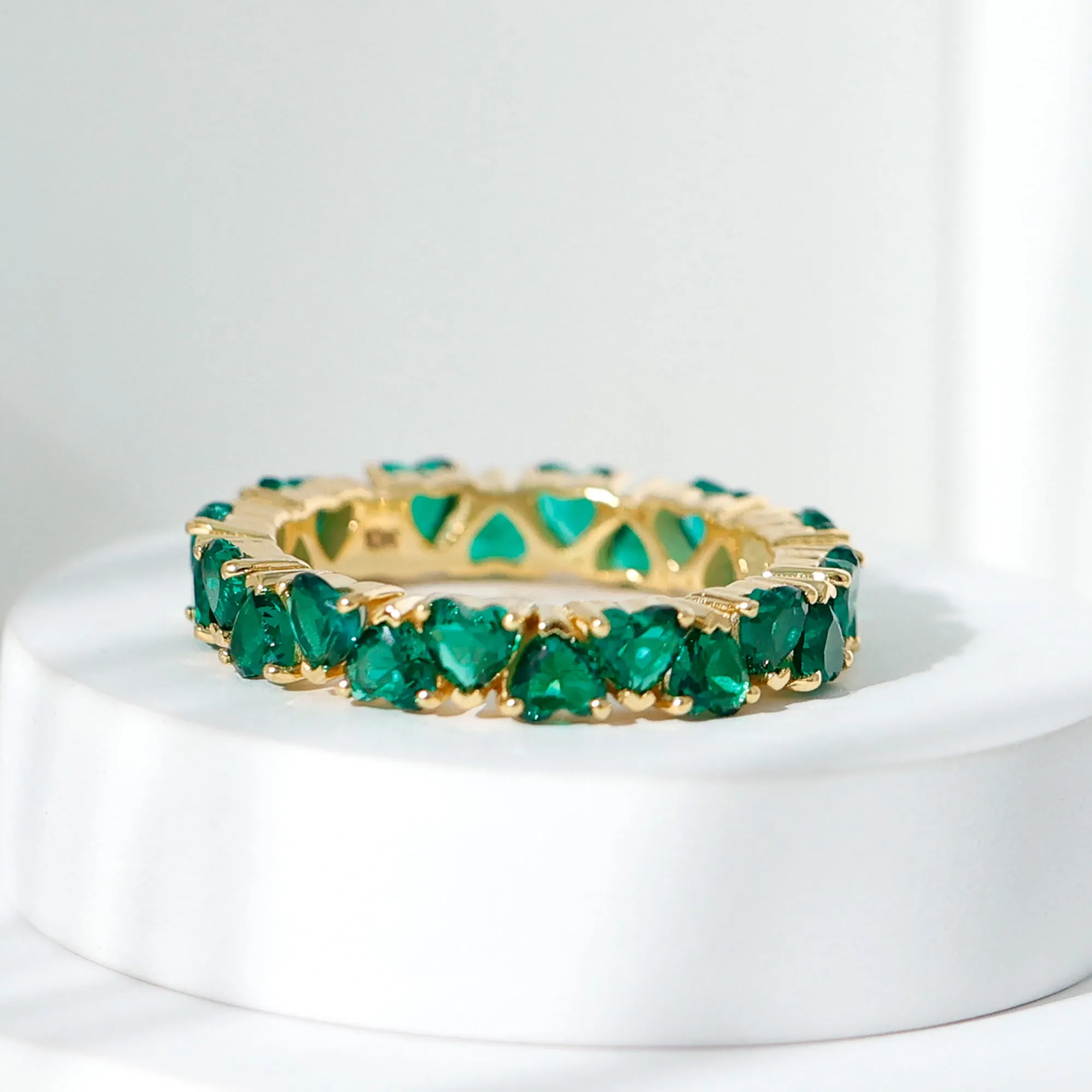 Claw Set Lab-Created Emerald Heart Eternity Band Ring in Gold