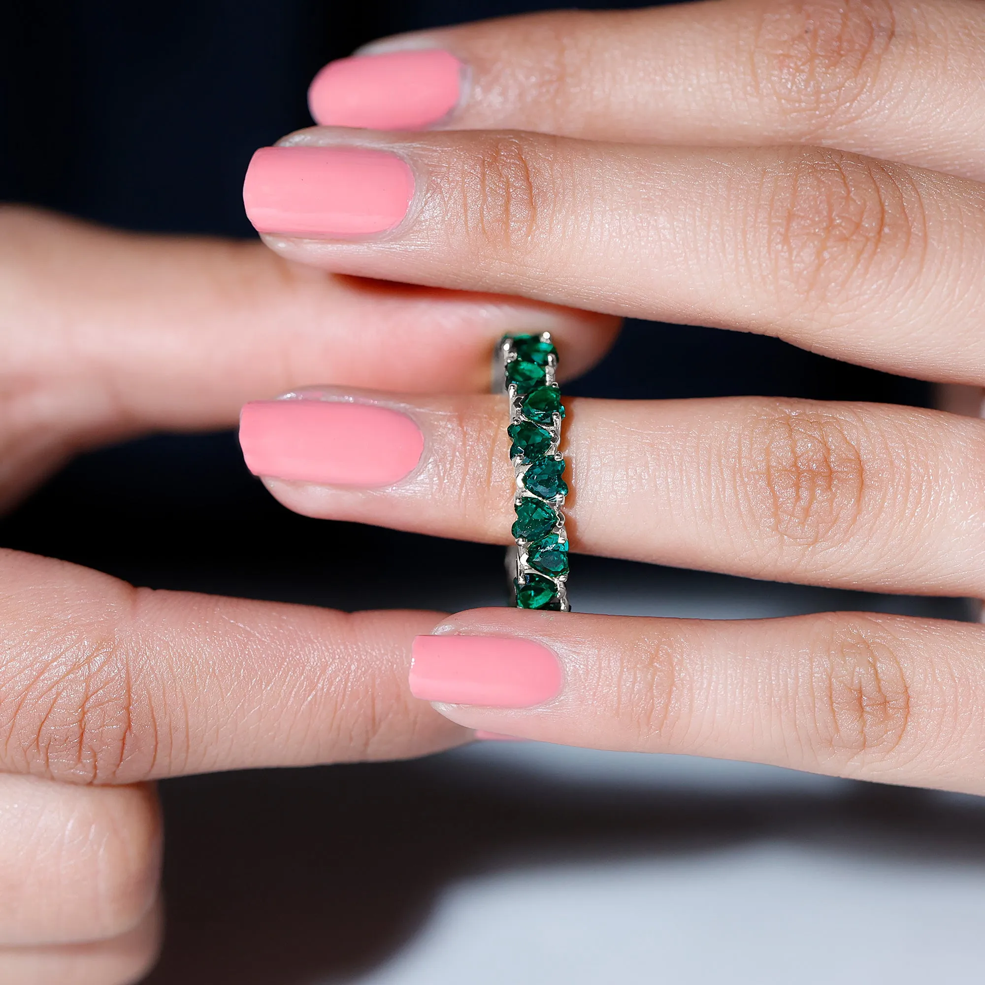 Claw Set Lab-Created Emerald Heart Eternity Band Ring in Gold