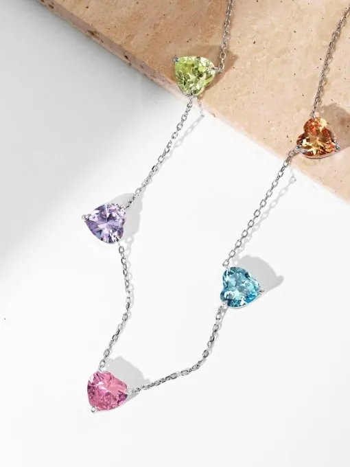 Colorful Heart Necklace, Colorful Zircon Heart Charm .925 Sterling Silver Necklace