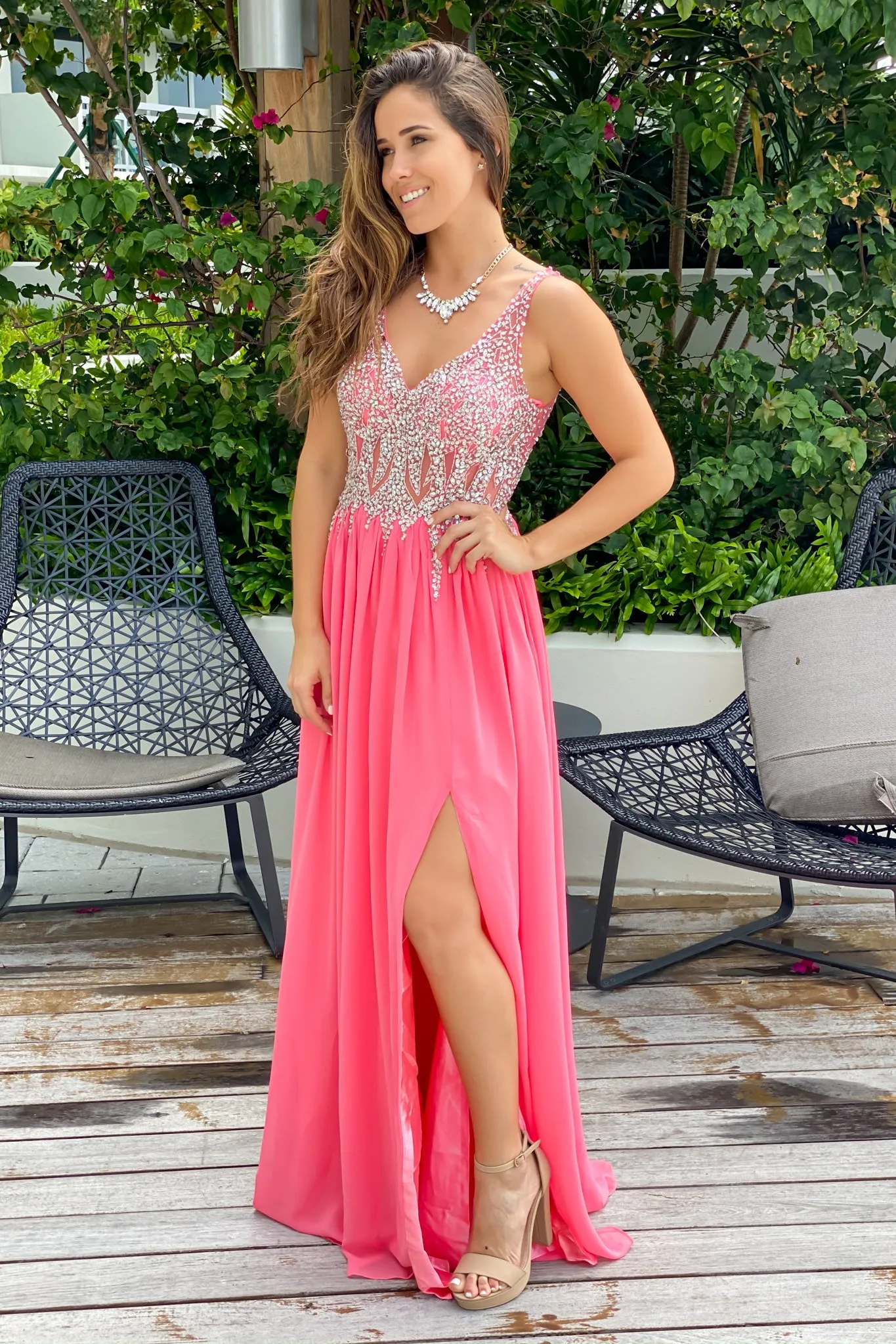 Coral Jeweled Top Maxi Dress with Side Slit