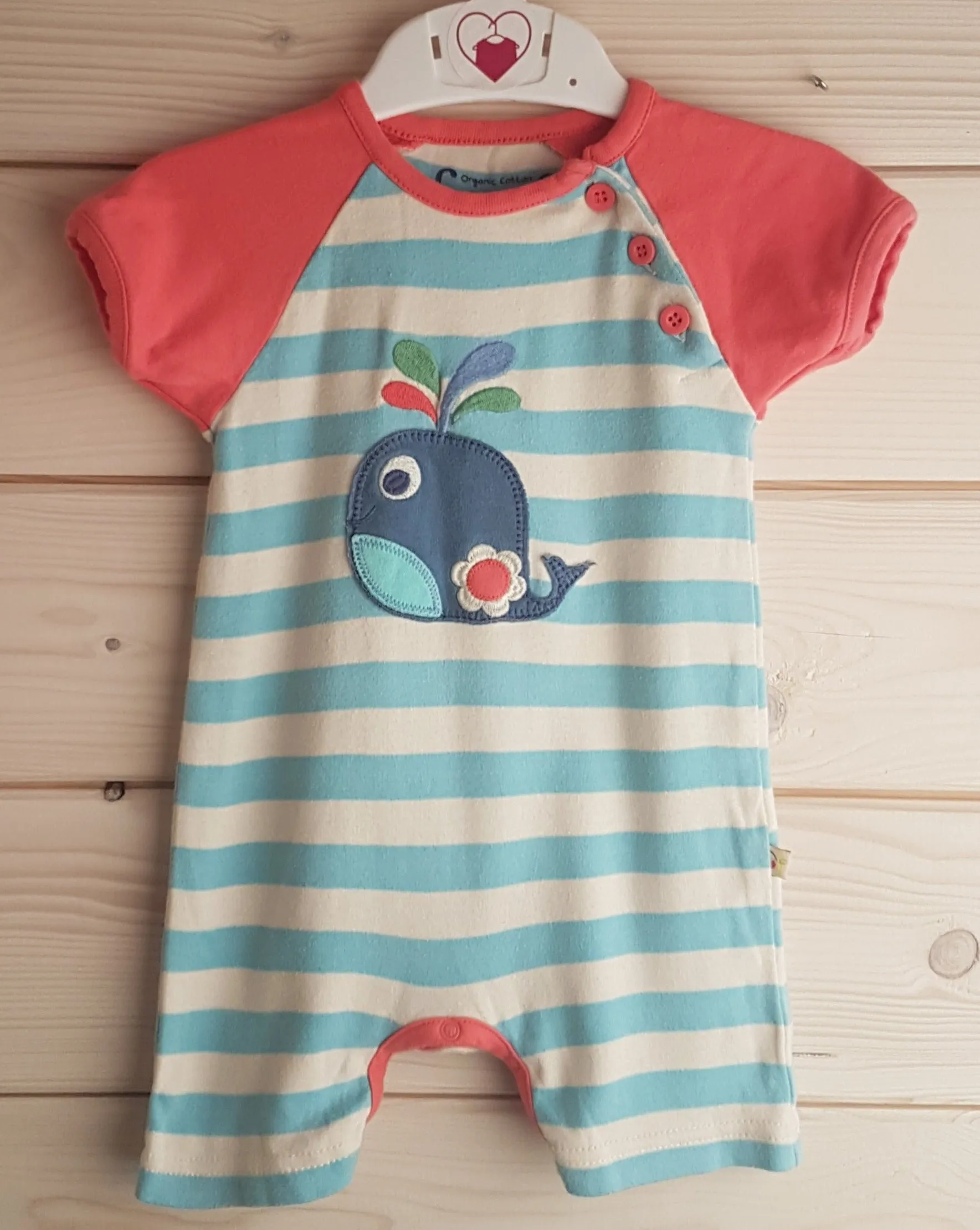 Coral sleeved romper-suit with blue stripes (0-3 months)