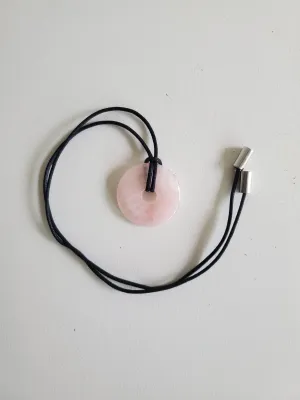 Cord Necklace with Stone Circle Pendant - Rose Quartz