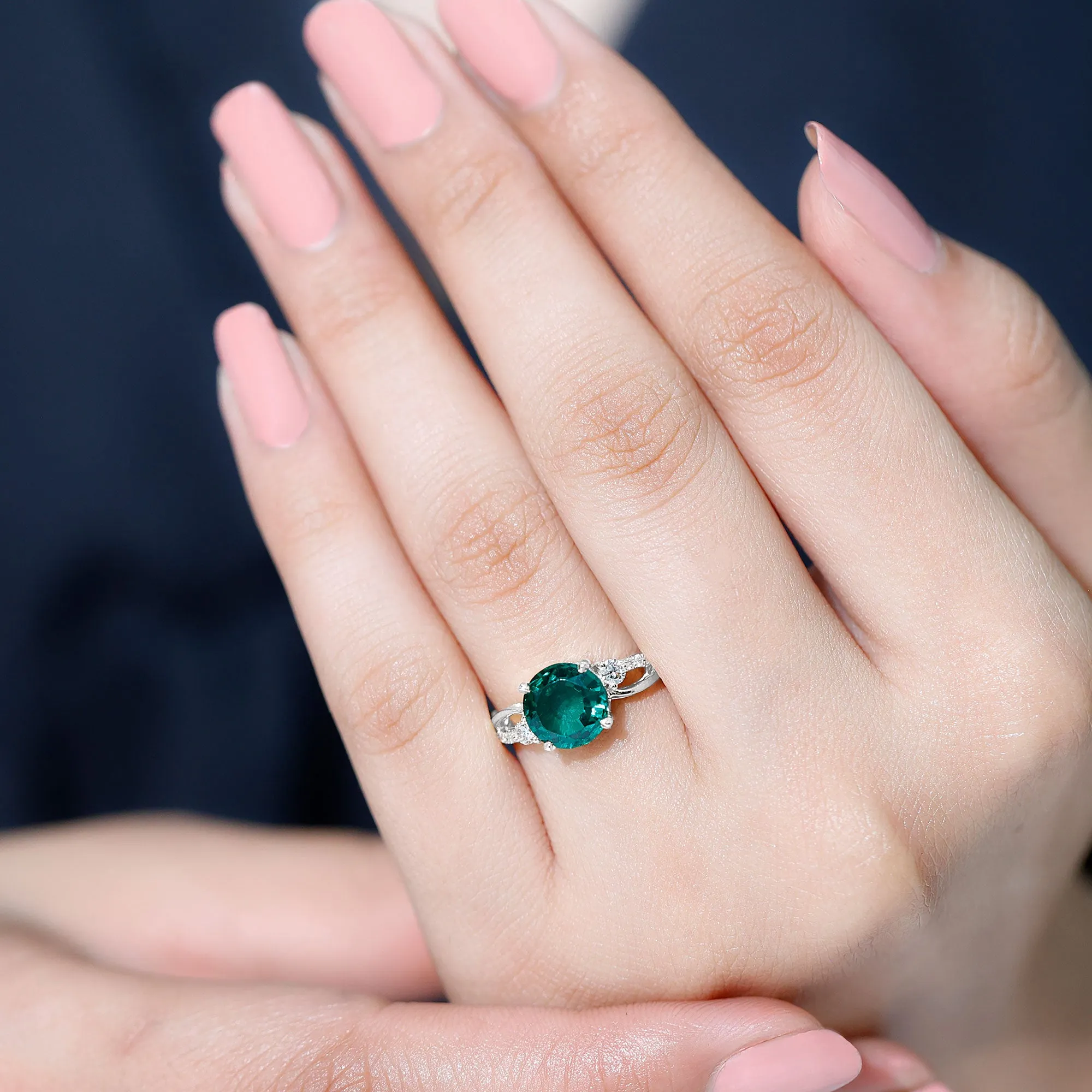 Created Emerald and Diamond Engagement Ring with Crossover Shank