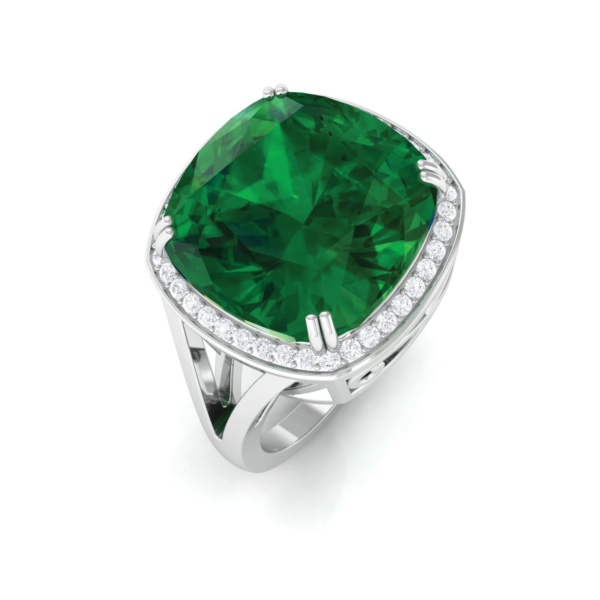 Cushion Cut Created Emerald Halo Cocktail Ring with Diamond