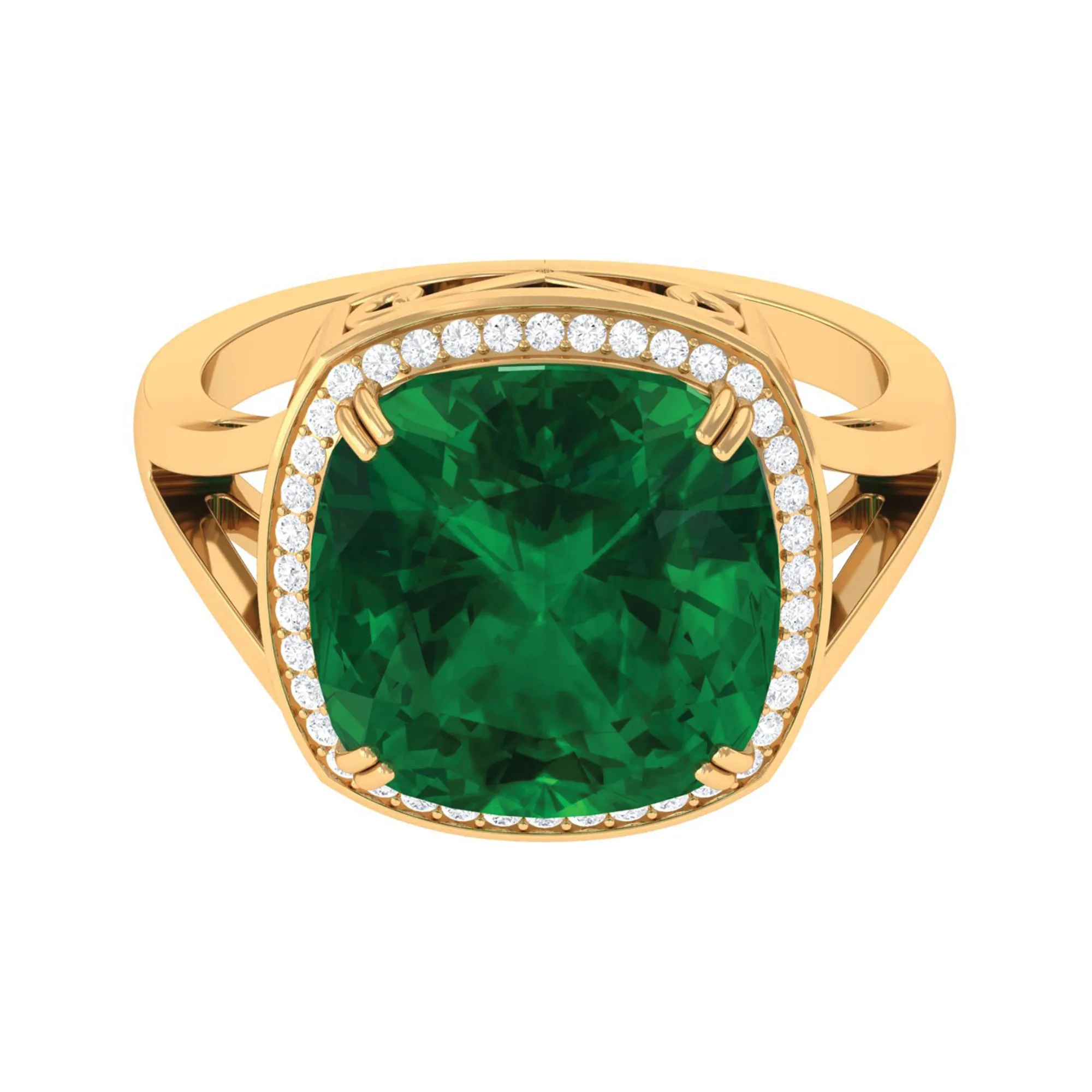 Cushion Cut Created Emerald Halo Cocktail Ring with Diamond