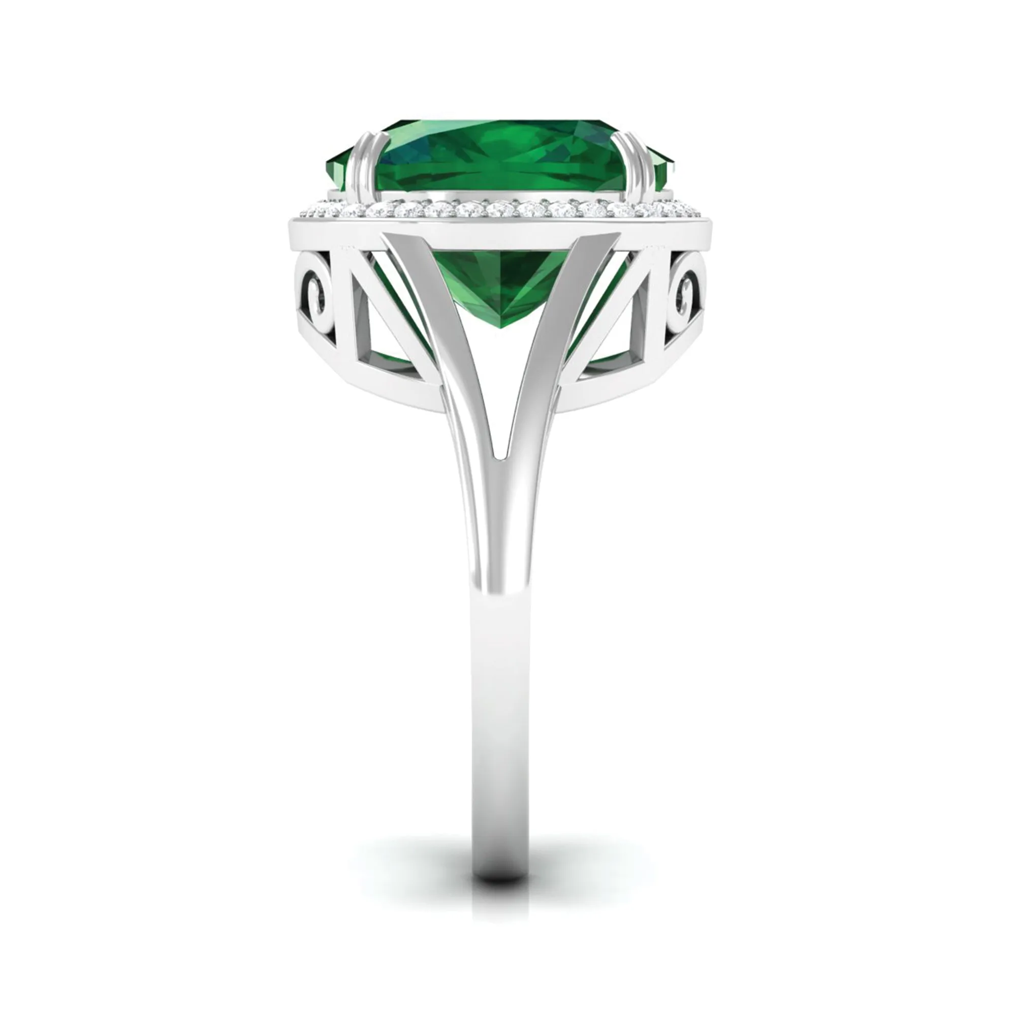 Cushion Cut Created Emerald Halo Cocktail Ring with Diamond