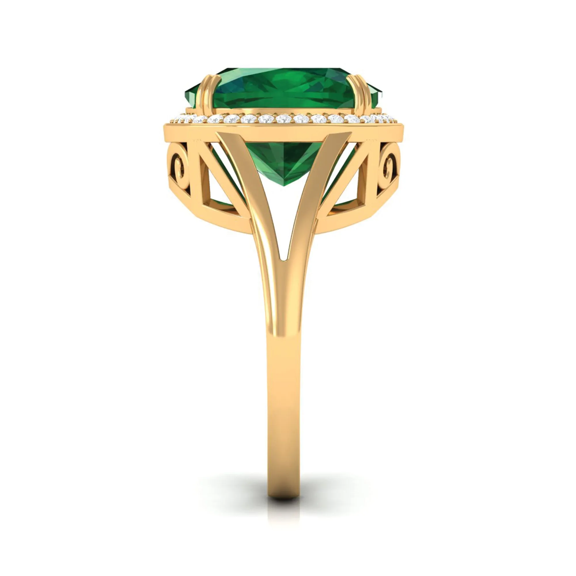 Cushion Cut Created Emerald Halo Cocktail Ring with Diamond