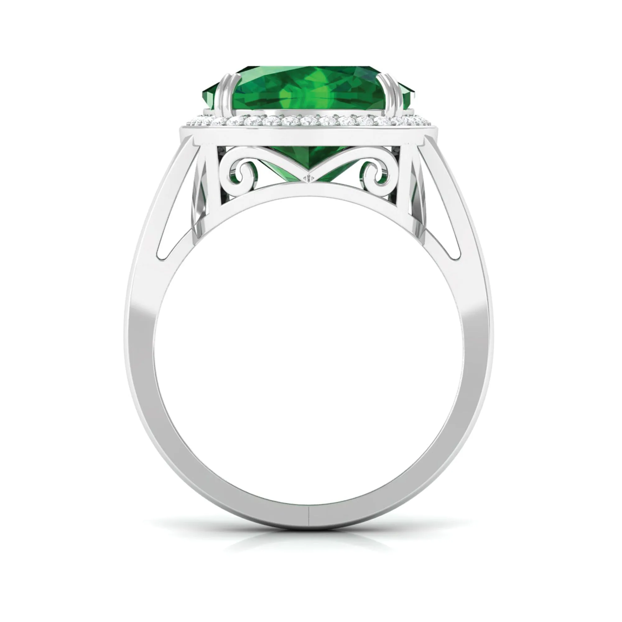 Cushion Cut Created Emerald Halo Cocktail Ring with Diamond