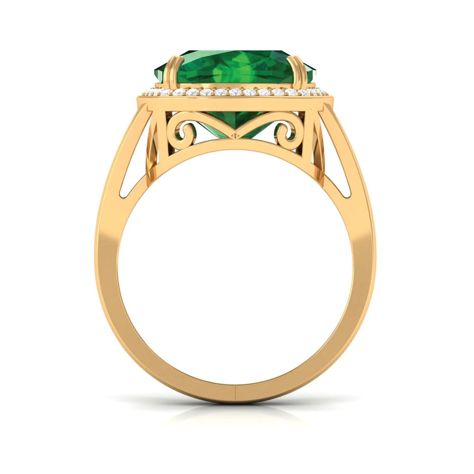 Cushion Cut Created Emerald Halo Cocktail Ring with Diamond