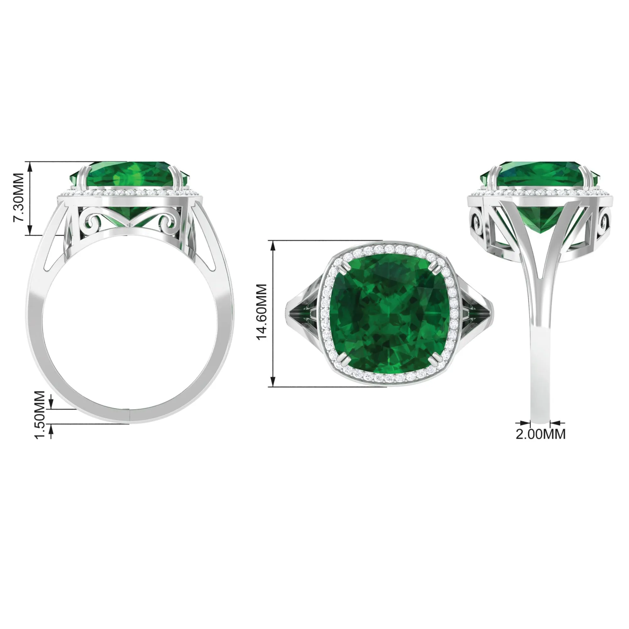 Cushion Cut Created Emerald Halo Cocktail Ring with Diamond