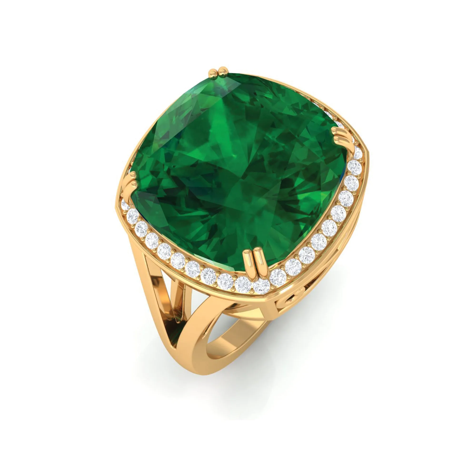 Cushion Cut Created Emerald Halo Cocktail Ring with Diamond