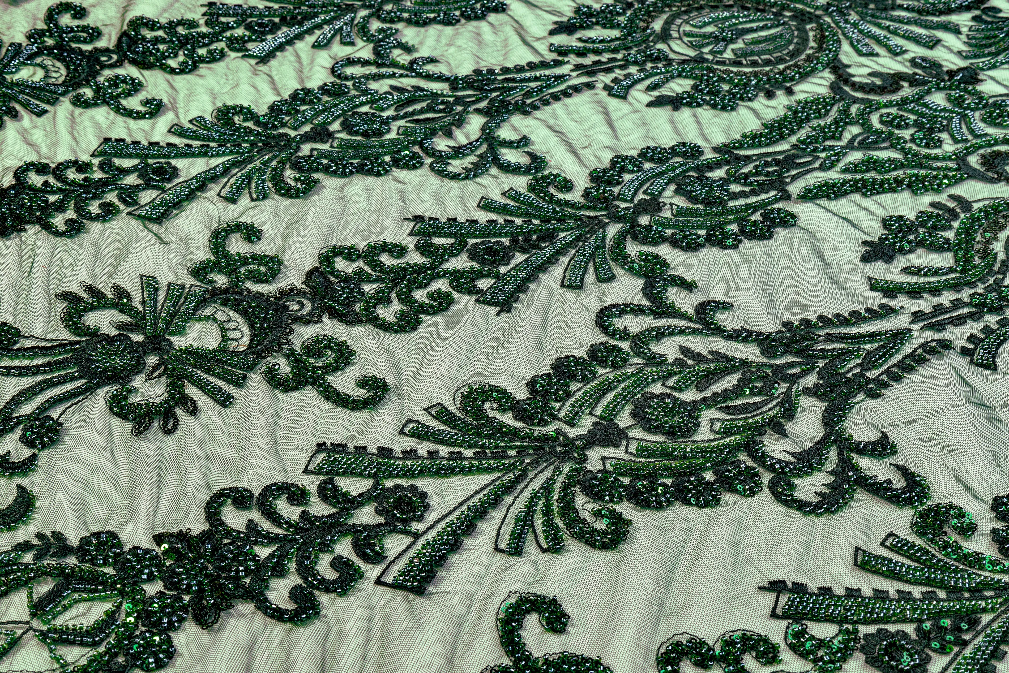 Damask Beaded and Embroidered Tulle - Emerald Green