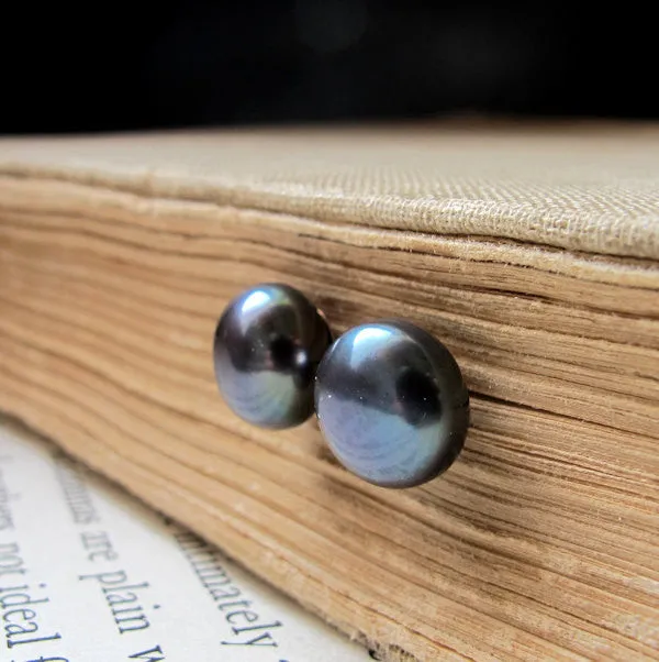 Dark Pearl Stud Earrings - Peacock Pearl Button Stud Earrings