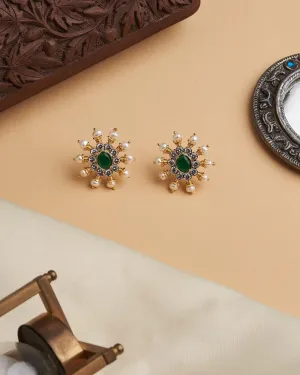 Deep Green White Sun Spokes Pearl Ear Studs